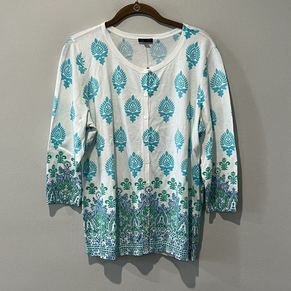 Talbots Cardigan Womens 0X Blue Geometric Sweater Cotton Rayon 3/4 Sleeve Button